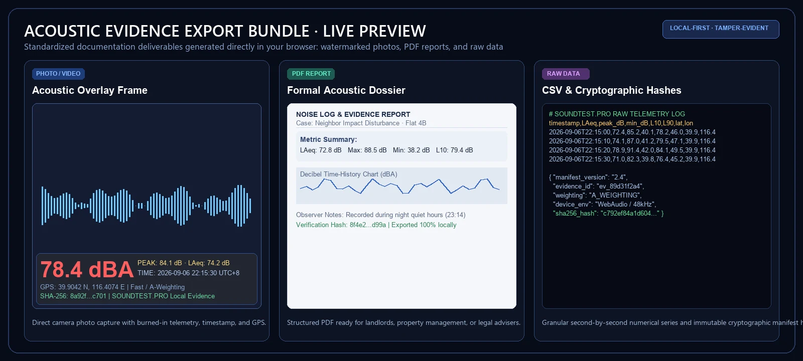 Acoustic evidence deliverables: photos, PDF reports, and raw telemetry data